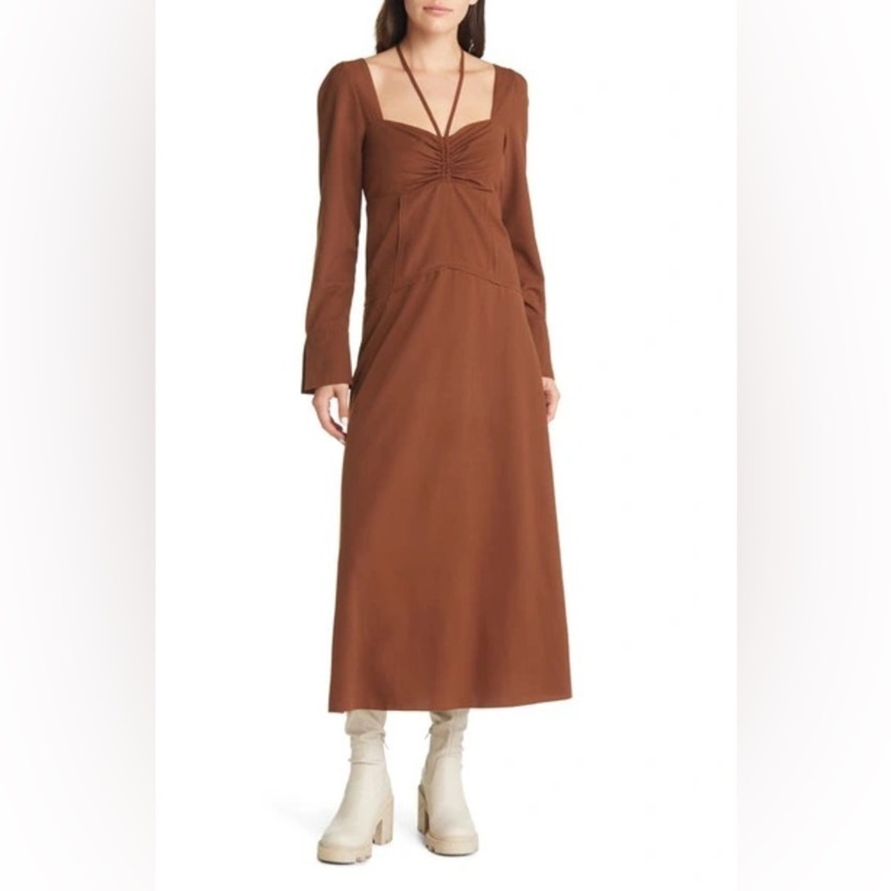 Moon River Halter Detail Ruched Crepe Midi Dress in Brown NWT Size Small - Picture 3 of 13